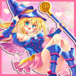 Rule 34 | 1girl, bare shoulders, blonde hair, blue dress, blue eyes, blue footwear, blush, boots, border, breasts, cleavage, collarbone, dark magician girl, dress, duel monster, heart, highres, holding, holding wand, large breasts, long hair, looking at viewer, open mouth, pink background, pink border, pink skirt, skirt, solo, suzunone rena, tongue, wand, yu-gi-oh!