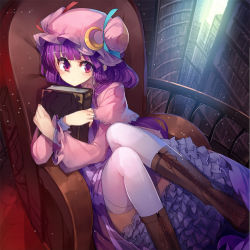 Rule 34 | 1girl, blush, book, hugging book, bookshelf, boots, brown footwear, chair, crescent, cross-laced footwear, female focus, hat, holding, holding book, lace-up boots, library, long hair, long sleeves, looking at viewer, hugging object, patchouli knowledge, purple eyes, purple hair, sitting, solo, thighhighs, touhou, ukyo rst, white thighhighs