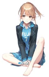 Rule 34 | 1girl, absurdres, aomi haru, barefoot, black jacket, blazer, blue hoodie, blue skirt, blush, bottle, brown eyes, brown hair, chitose-kun wa ramune bin no naka, closed mouth, cover image, drawstring, feet, full body, highres, holding, holding bottle, hood, hood down, hoodie, jacket, knee up, legs, long hair, long sleeves, miniskirt, novel illustration, official art, open clothes, open jacket, plaid, plaid skirt, pleated skirt, ponytail, ramune, school uniform, second-party source, simple background, sitting, skirt, sleeves past wrists, smile, solo, textless version, toes, upskirt, weee (raemz), white background, wing collar
