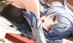 Rule 34 | 1girl, bare shoulders, bed, black gloves, blue hair, blush, bow, breasts, candy, chocolate, chocolate heart, detached sleeves, food, food in mouth, ganyu (genshin impact), genshin impact, gloves, gold trim, heart, horns, light smile, long hair, looking at viewer, low ponytail, lying, medium breasts, multicolored eyes, on stomach, sideboob, silence girl, solo, upper body, valentine, white sleeves