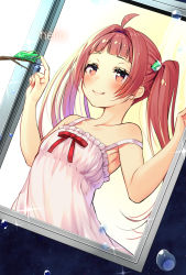 Rule 34 | 1girl, asagi yuna, bad id, bad pixiv id, bare arms, bare shoulders, collarbone, dress, frog, frog hair ornament, hair ornament, harumi shinju, highres, long hair, red eyes, red hair, sleeveless, sleeveless dress, smile, solo, strap slip, tokyo 7th sisters, twintails, white dress