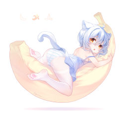 Rule 34 | 1girl, ahoge, animal ear fluff, animal ears, banana, blue dress, blue hair, blue panties, cat ears, cat girl, cat tail, dated, dress, food, fruit, full body, hair between eyes, highres, hugging object, light blue hair, looking at viewer, lying, medium hair, no shoes, on stomach, open mouth, orange eyes, original, panties, panties under pantyhose, pantyhose, paw print soles, pillow, pillow hug, short dress, signature, simple background, soles, solo, spaghetti strap, strap slip, striped clothes, striped panties, suaynnai wanzi, tail, tail raised, thick eyebrows, underwear, upskirt, white background, white panties, white pantyhose