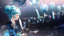 Rule 34 | 1girl, aqua hair, black kimono, blue butterfly, blurry, blurry background, bug, butterfly, character request, copyright request, dark room, double bun, closed eyes, floral print, hair bun, highres, insect, japanese clothes, kimono, lamp, light particles, praying, print kimono, rumoon, standing, upper body