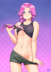 Rule 34 | 1girl, :3, bare arms, blue eyes, closed mouth, collarbone, commentary, commission, cowboy shot, dagger, english commentary, finalcake, flat chest, highres, holding, holding dagger, holding knife, holding weapon, knife, looking at viewer, maeve (paladins), navel, paladins, pink hair, short shorts, shorts, smile, solo, standing, tank top, weapon