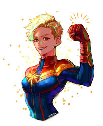 Rule 34 | 1girl, blonde hair, breasts, brown eyes, captain marvel, clenched hand, cropped torso, hand up, highres, marvel, medium breasts, okada (hoooojicha), parted lips, short hair, signature, smile, solo, star (symbol), white background