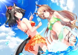 Rule 34 | 2girls, :o, alternate costume, animal ears, back, bare shoulders, bikini, bikini skirt, black hair, blue sky, blush, brown eyes, brown hair, closed mouth, cloud, cloudy sky, commentary, double-parted bangs, flower, food, from behind, green bikini, hair between eyes, hair flower, hair ornament, highres, horse ears, horse girl, horse tail, kitasan black (umamusume), long hair, looking at viewer, looking back, midriff, multicolored hair, multiple girls, navel, open mouth, orange bikini, polka dot, polka dot bikini, popsicle, red eyes, sarong, satono diamond (umamusume), see-through, see-through sarong, sky, streaked hair, sunlight, sunny (20597521), swimsuit, tail, tail scrunchie, two side up, umamusume, v, wading, white hair, white sarong