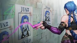 Rule 34 | 1girl, absurdres, arcane: league of legends, arcane jinx, artist name, bare shoulders, black gloves, blue hair, blue nails, braid, chalk, commentary, english commentary, fingerless gloves, fingernails, from behind, gloves, highres, holding, holding chalk, jinx (league of legends), jm chrome, league of legends, long hair, nail polish, pink nails, solo, twin braids, wanted