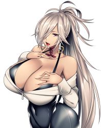 Rule 34 | 1girl, absurdres, ass, bare shoulders, beige shirt, bikini, bikini under clothes, black pants, breasts, cleavage, dark-skinned female, dark skin, earrings, finger to mouth, gluteal fold, grim (camui kamui), hair over one eye, highres, hoop earrings, hz (666v), jewelry, licking, licking finger, magenta eyes, original, pants, platinum blonde hair, swimsuit, tongue, tongue out, unbuttoned