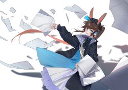 Rule 34 | 1girl, amiya (arknights), amiya (newsgirl) (arknights), animal ears, arknights, arm up, ascot, black ascot, black coat, black hat, blue coat, blue eyes, bright pupils, brown hair, coat, commentary, dress, hat, headphones, highres, holding, holding paper, jewelry, light particles, long hair, looking at viewer, molu stranger, multiple rings, open mouth, paper, papers, ponytail, rabbit ears, ring, short hair, simple background, smile, two-sided coat, two-sided fabric, white background, white dress, white pupils