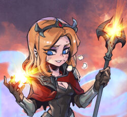 Rule 34 | 1girl, alternate costume, blonde hair, blue background, blue eyes, blush, breasts, brown gloves, brown shirt, capelet, cleavage, crazy eyes, crown, gem, gloves, grin, hands up, holding, holding staff, league of legends, light, long hair, lux (league of legends), magic, medium breasts, multicolored background, parted bangs, phantom ix row, red background, red capelet, shirt, small breasts, smile, solo, staff, sweat, teeth