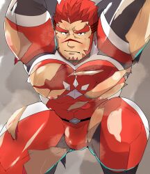 Rule 34 | 1boy, akashi (live a hero), arms up, bara, bare pectorals, bodysuit, defeat, facial hair, feet out of frame, from above, goatee, highres, kaeru333938123, large pectorals, live a hero, long sideburns, looking at viewer, male focus, muscular, muscular male, pectorals, red eyes, red hair, scar, scar on face, scar on nose, short hair, sideburns, skindentation, solo, superhero costume, tentacles, tentacles on male, testicle peek, thick eyebrows, thick thighs, thighs, torn bodysuit, torn clothes