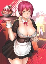 Rule 34 | 1girl, absurdres, apron, bow, breasts, cleavage, closed mouth, comic, commentary request, dessert, detached collar, dress, food, fruit, highres, holding, holding tray, indoors, large breasts, legs, looking at viewer, maid, maid apron, maid cafe, original, plate, red bow, red eyes, red hair, restaurant, short hair, smile, spoon, strawberry, tray, trickster (death combo), underbust, waitress, whipped cream, wrist cuffs