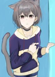 Rule 34 | 1girl, animal ears, bang dream!, bang dream! it&#039;s mygo!!!!!, black choker, blue background, blue hoodie, cat ears, cat girl, cat tail, choker, commentary, drawstring, grey hair, hand up, highres, hood, hoodie, kemonomimi mode, looking at viewer, mikage ao, parted lips, red eyes, short hair, solo, tail, takamatsu tomori, two-tone hoodie, upper body, yellow hoodie