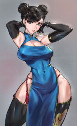 Rule 34 | 1girl, absurdres, armpits, arms up, black eyes, black hair, black thighhighs, blue dress, breasts, capcom, china dress, chinese clothes, chun-li, cleavage, cleavage cutout, clothing cutout, commentary, covered navel, double bun, dress, earrings, elbow gloves, fingerless gloves, gloves, gold trim, grey background, hair bun, highres, jewelry, juaag acgy, looking at viewer, makeup, medium breasts, parted lips, shiny clothes, simple background, sleeveless, sleeveless dress, smile, street fighter, street fighter ii (series), thighhighs, thighs, turtleneck
