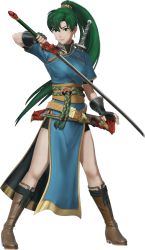 Rule 34 | 1girl, 3d, belt, boots, breasts, dress, earrings, fingerless gloves, fire emblem, fire emblem: the blazing blade, fire emblem warriors, full body, gloves, green eyes, green hair, highres, holding, holding weapon, jewelry, knee boots, long hair, looking at viewer, lyn (fire emblem), medium breasts, nintendo, official art, pelvic curtain, ponytail, sheath, short sleeves, shorts, smile, solo, standing, sword, transparent background, weapon
