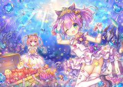 Rule 34 | 2girls, anchor, azur lane, blue eyes, bouquet, bubble, chain, clownfish, coa (chroo x), coral reef, crown, dappled sunlight, dress, fish, flower, gem, gloves, hair ornament, hairclip, holding, holding bouquet, javelin (azur lane), jellyfish, juno (azur lane), long hair, looking at viewer, multiple girls, name connection, object namesake, open mouth, outdoors, pink hair, polearm, purple hair, red gemstone, spear, standing, standing on one leg, sunlight, tentacles, thighhighs, tiara, treasure chest, twintails, two side up, underwater, very long hair, weapon, wedding dress, white legwear