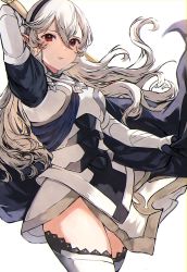 Rule 34 | 1girl, arm behind head, arm up, armor, armored dress, breasts, cape, closed mouth, clothing cutout, corrin (female) (fire emblem), corrin (fire emblem), cowboy shot, fire emblem, fire emblem fates, gauntlets, gloves, grabbing, hair between eyes, hairband, haru (nakajou-28), highres, holding, holding sword, holding weapon, long hair, looking at viewer, medium breasts, nintendo, pointy ears, puffy sleeves, red eyes, sidelocks, silver hair, simple background, solo, sword, thigh cutout, weapon, white background