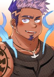 Rule 34 | 1boy, bara, blush, character request, covered erect nipples, crave saga, dark-skinned male, dark skin, eyebrow cut, facial hair, fishnet top, fishnets, goatee, hair tattoo, highres, horokeikam love, lightning bolt-shaped pupils, long sideburns, looking at viewer, male focus, mature male, muscular, muscular male, portrait, see-through, short hair, sideburns, solo, symbol-shaped facial hair, symbol-shaped pupils, thick eyebrows