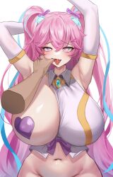 Rule 34 | 1girl, absurdres, angelic buster, aqua hair, armpits, arms up, blue eyes, disembodied hand, drooling, elbow gloves, finger in another&#039;s mouth, gloves, groin, hair ornament, heart, heart-shaped pupils, heart hair ornament, heart pasties, highres, long hair, maplestory, multicolored eyes, multicolored hair, navel, one breast out, pasties, pink eyes, pink hair, pov, pov hands, simple background, simsim han-u, solo focus, streaked hair, symbol-shaped pupils, tears, tongue, tongue out, torogao, twintails, upper body, very long hair, white background, white gloves