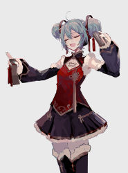 Rule 34 | 1girl, alternate hair length, alternate hairstyle, aqua hair, aqua nails, black skirt, black sleeves, boots, chinese clothes, cowboy shot, detached sleeves, double bun, closed eyes, fur-trimmed boots, fur-trimmed shirt, fur-trimmed skirt, fur-trimmed sleeves, fur trim, grey background, hatsune miku, holding, holding instrument, instrument, mamenomoto, nail polish, open mouth, red shirt, shirt, short hair, skirt, smile, solo, tassel, thigh boots, thighhighs, vocaloid