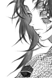 Rule 34 | 1boy, caradocc, closed mouth, colored sclera, crying, crying with eyes open, extra eyes, eyelashes, facial mark, greyscale, highres, kimetsu no yaiba, kokushibou, long hair, looking away, looking back, male focus, monochrome, monster boy, portrait, simple background, solo, tears, text in eyes