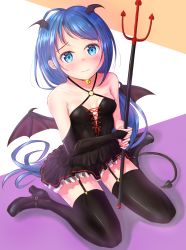 Rule 34 | 1girl, aomi one, bare shoulders, bell, black dress, black footwear, black thighhighs, blue eyes, blue hair, blush, breasts, bridal gauntlets, collar, collarbone, commentary request, demon tail, demon wings, dress, elbow gloves, garter belt, gloves, halloween, head wings, high heels, highres, holding, holding weapon, kantai collection, long hair, looking at viewer, neck bell, polearm, pumps, samidare (kancolle), simple background, sitting, small breasts, solo, swept bangs, tail, thighhighs, thighs, trident, very long hair, wariza, wavy mouth, weapon, wings, zettai ryouiki