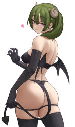 Rule 34 | 1girl, absurdres, ass, bare shoulders, breasts, demon girl, demon horns, demon tail, demon wings, elbow gloves, gloves, green hair, hair between eyes, highres, horns, lentiyay, long hair, looking at viewer, purple eyes, side ponytail, simple background, smile, solo, sousou no frieren, tail, ubel (sousou no frieren), white background, wings