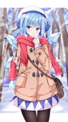 Rule 34 | 1girl, :o, bag, bare tree, black pantyhose, blue bow, blue dress, blue eyes, blue hair, blue ribbon, blurry, blurry background, blush, bow, branch, breath, brown bag, brown coat, cirno, coat, commentary request, day, dot nose, dress, duffel coat, eyelashes, fingernails, hat, hat bow, highres, ice, ice wings, long sleeves, open mouth, outdoors, pantyhose, pocket, red scarf, ribbon, sabana, scarf, short hair, shoulder bag, snow, snowing, solo, standing, touhou, tree, white hat, wings, winter, ||/