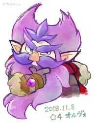 Rule 34 | 1boy, beard, brown gloves, cape, dated, doradorakingyo, dwarf, facial hair, full beard, gloves, grin, hand on own chin, long beard, looking at viewer, male focus, mature male, mustache, orvo (puyopuyo), pointy ears, purple facial hair, puyopuyo, puyopuyo quest, red cape, simple background, smile, solo, thick eyebrows, twitter username, white background