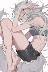 Rule 34 | 1girl, animal ears, arknights, bare arms, bare legs, bare shoulders, black nails, black shorts, blue eyes, breasts, commentary request, from side, grey hair, grey tail, grey tube top, highres, lappland (arknights), long hair, looking at viewer, nail polish, navel, pinenut sn, scar, scar across eye, shorts, simple background, small breasts, solo, stomach, strapless, tail, tube top, white background, wolf ears, wolf girl, wolf tail