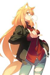Rule 34 | 1girl, animal ears, black jacket, blowing bubbles, blue pants, blush, breasts, chewing gum, denim, echo (circa), fate/grand order, fate (series), fox ears, fox girl, glasses, jacket, jeans, large breasts, long hair, long sleeves, looking at viewer, orange eyes, orange hair, pants, red shirt, shirt, sidelocks, smile, solo, suzuka gozen (fate), suzuka gozen (traveling outfit) (fate), thighs, torn clothes, torn jeans, torn pants