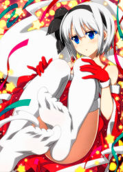 Rule 34 | 1girl, alternate costume, bare shoulders, black hairband, black ribbon, blue eyes, colored eyelashes, commentary request, feet, gloves, hair ribbon, hairband, highres, hitodama, konpaku youmu, konpaku youmu (ghost), no shoes, parted lips, red gloves, ribbon, santa costume, sazanami mio, short hair, soles, solo, star (symbol), streamers, thighhighs, thighs, toes, touhou, white hair, white thighhighs
