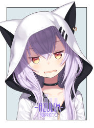 Rule 34 | 1girl, animal hood, artist name, azuma lim, azuma lim channel, capriccio, character name, collar, collarbone, drooling, hair between eyes, head tilt, hood, hoodie, jitome, light purple hair, long hair, looking at viewer, multicolored eyes, open mouth, red eyes, solo, virtual youtuber, wavy mouth, yellow eyes