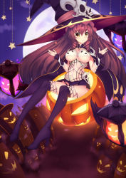 Rule 34 | 1girl, bad id, bad pixiv id, black thighhighs, boots, breasts, brown eyes, brown hair, cape, female focus, gauntlets, halloween, hat, high heel boots, high heels, jack-o&#039;-lantern, lantern, large breasts, long hair, looking at viewer, original, revealing clothes, silk, skull, smile, solo, spider web, takibi (tamikyo), thigh boots, thighhighs, underboob, very long hair, witch hat