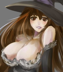Rule 34 | 1girl, bare shoulders, breasts, brown eyes, brown hair, cleavage, detached sleeves, dragon&#039;s crown, dress, dtcy, hat, huge breasts, large breasts, lips, long hair, smile, solo, sorceress (dragon&#039;s crown), strapless, strapless dress, vanillaware, witch hat