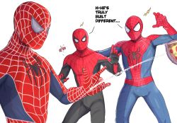 Rule 34 | 3boys, bodysuit, commentary, crab, crossover, english commentary, english text, food, marvel, marvel cinematic universe, multicolored clothes, multiple boys, pizza, pizza slice, silk, spider-man, spider-man: far from home, spider-man: no way home, spider-man (series), spider-man 1 (2002), spider web, spider web print, superhero costume, surprised, the amazing spider-man, white background, white eyes, yoracrab