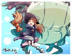 Rule 34 | 10s, 1girl, artist name, boots, broom, broom riding, brown hair, cap (caplin), dated, dragon, hat, kagari atsuko, little witch academia, long hair, open mouth, red eyes, witch, witch hat