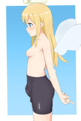 Rule 34 | 1girl, absurdres, angel, artist request, blonde hair, blue eyes, blush, breasts, bulge, covered testicles, crimvael, flaccid, futanari, highres, ishuzoku reviewers, long hair, shorts, solo, testicles, wings