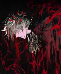 Rule 34 | 1boy, black background, black cape, blood, cape, check copyright, copyright request, crown of thorns, grey hair, highres, laurel crown, leaning forward, leviathan (project moon), looking to the side, open mouth, project moon, red eyes, remsrar, solo, upper body, vergilius (project moon)