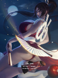 Rule 34 | 1girl, ass, black hair, breasts, brown eyes, fatal fury, highres, huge breasts, long hair, looking at viewer, looking back, moon, night, parted lips, ponytail, rain wzq, shiranui mai, snk, solo, the king of fighters