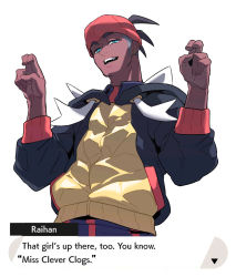Rule 34 | 1boy, air quotes, black hair, black hoodie, character name, commentary request, creatures (company), dark-skinned male, dark skin, earrings, english text, game freak, gym leader, half-closed eyes, hands up, highres, hood, hoodie, jewelry, korean commentary, looking at viewer, male focus, nintendo, open mouth, orange headwear, pokemon, pokemon swsh, raihan (pokemon), redlhzz, shorts, solo, teeth, undercut