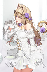 Rule 34 | 1girl, ashtoreth (destiny child), bare shoulders, blonde hair, character request, choker, commentary request, cowboy shot, cross-laced clothes, destiny child, detached sleeves, dress, flower, frilled choker, frilled dress, frilled gloves, frills, gloves, hair flower, hair ornament, highres, juliet sleeves, layered clothes, light brown hair, lips, lipstick, long hair, long sleeves, makeup, migu (iws2525), parted lips, puffy sleeves, purple eyes, purple flower, purple rose, red lips, rose, short dress, solo, very long hair, white dress, white gloves, white sleeves, wide sleeves