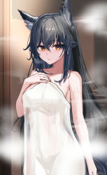 Rule 34 | 1girl, absurdres, animal ears, arknights, bare arms, bare shoulders, black hair, blush, collarbone, cowboy shot, hand on own chest, highres, indoors, long hair, looking at viewer, mikuning, naked towel, parted lips, photoshop (medium), red eyes, smile, solo, steam, texas (arknights), towel, very long hair