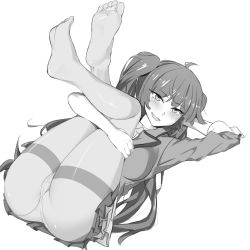 Rule 34 | 1girl, arm behind head, ass, blush, feet, legs up, lily bloomerchen, long hair, looking at viewer, lying, monochrome, panties, panties under pantyhose, pantyhose, parted lips, soles, soulworker, toes, twintails, underwear