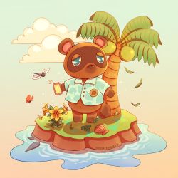 Rule 34 | 1boy, absurdres, animal crossing, artist name, blue eyes, bug, butterfly, cellphone, cloud, coconut, coconut tree, day, dragonfly, evergreenqveen, fish, grass, hawaiian shirt, highres, bug, leaf print, male focus, nintendo, outdoors, palm tree, phone, shell, shirt, solo, standing, tom nook (animal crossing), tree