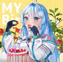 Rule 34 | 1girl, ahoge, birthday, blue eyes, blue hair, blush, breasts, cake, collar, commentary, english commentary, flower, food, fruit, hair between eyes, hair ornament, hairclip, heart, holding, holding food, holding fruit, jacket, long sleeves, no 1pafu, open clothes, open jacket, open mouth, original, plant, puffy long sleeves, puffy sleeves, signature, snowflake hair ornament, solo, strawberry, teeth, tongue, upper teeth only, white collar, white jacket, yellow background