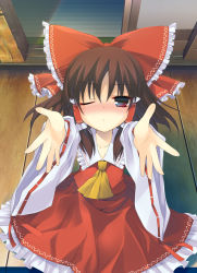 Rule 34 | 1girl, ascot, blush, bow, brown hair, detached sleeves, female focus, hair bow, hair tubes, hakurei reimu, incoming kiss, japanese clothes, miko, one eye closed, outstretched arms, reaching, reaching towards viewer, red eyes, solo, tororo (toriaezu), touhou, wink