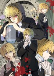 Rule 34 | 1boy, absurdres, blonde hair, blood, candle, chain, closed mouth, commentary request, expressions, gun, hand on own cheek, hand on own face, highres, holding, holding gun, holding weapon, hunter x hunter, kurapika, looking at viewer, male focus, minato x3710, montage, multiple views, necktie, phone, purple eyes, red eyes, short hair, solo, weapon