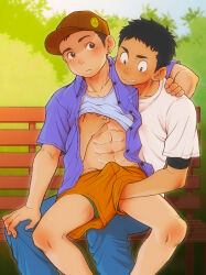 Rule 34 | 2boys, abs, baseball cap, bench, blush, clothes lift, commentary, denim, earrings, grabbing, hand on another&#039;s shoulder, hat, highres, jeans, jewelry, male focus, multiple boys, muscular, muscular male, navel, original, pants, penis grab, shirt lift, shorts, torte (triggerhappy), tree, yaoi