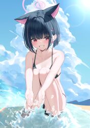 1girl absurdres alternate_costume animal_ears beach bikini black_bikini black_hair blue_archive blue_sky cat_ears cat_girl cloud cloudy_sky colored_inner_animal_ears commentary_request day extra_ears hair_ornament hairclip halo highres kazusa_(blue_archive) kurone_(kurone_ryuo) multicolored_hair ocean outdoors pink_hair pink_halo red_eyes short_hair sky smile solo splashing squatting streaked_hair swimsuit